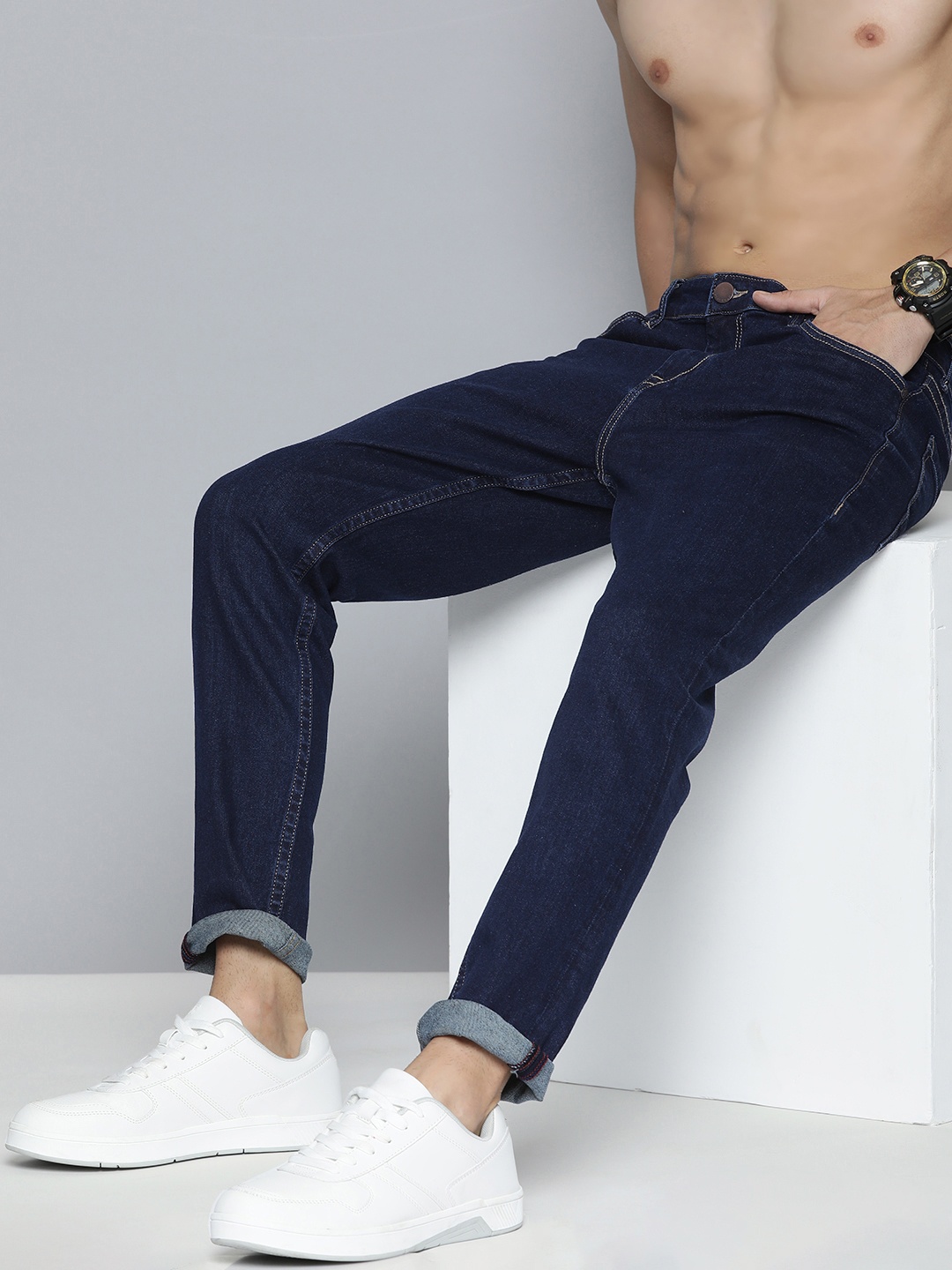 

HERE&NOW Men Mid Rise Tapered Fit Stretchable Jeans, Blue