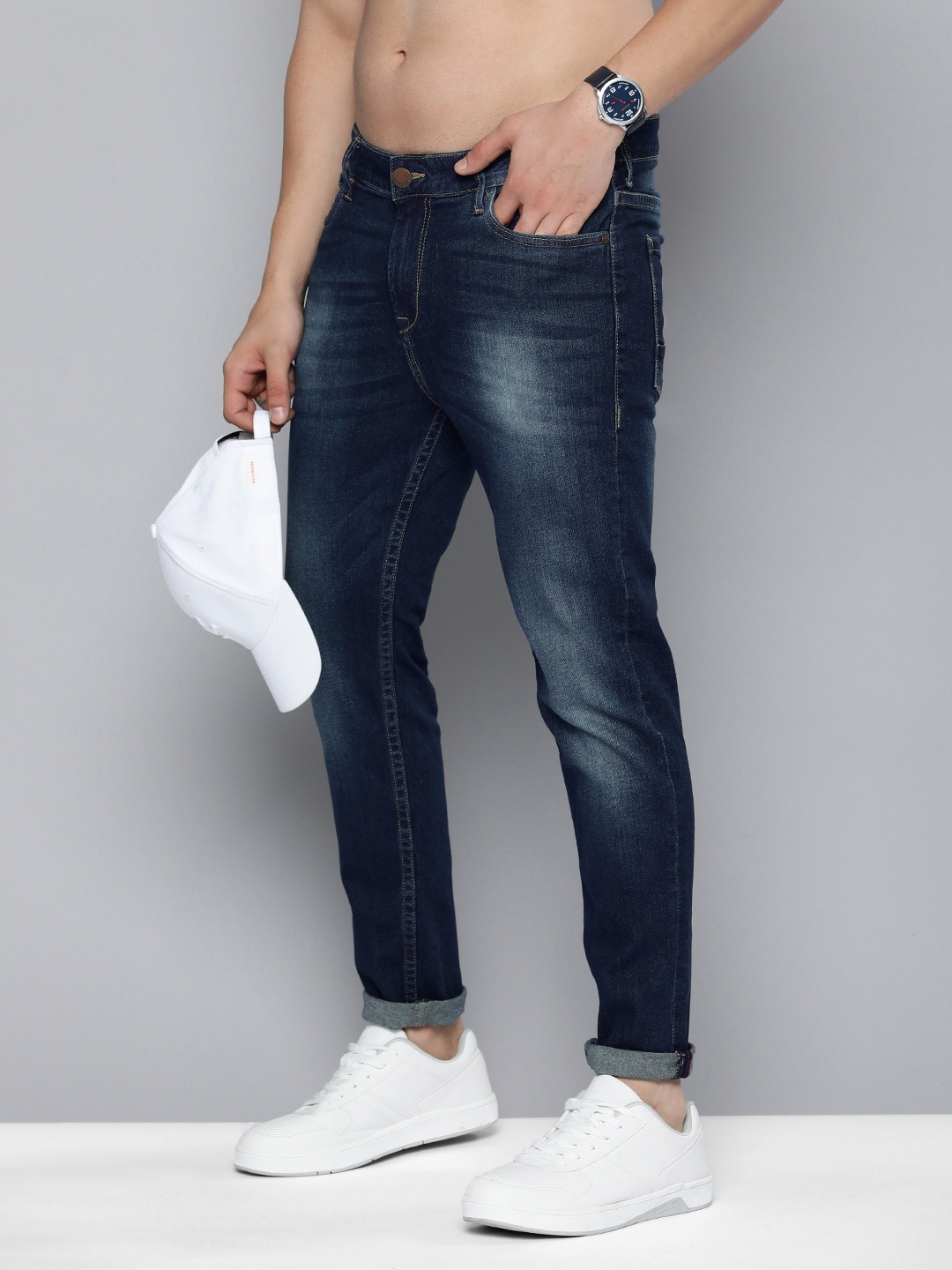 

HERE&NOW Men Mid Rise Heavy Fade Tapered Fit Stretchable Jeans, Navy blue