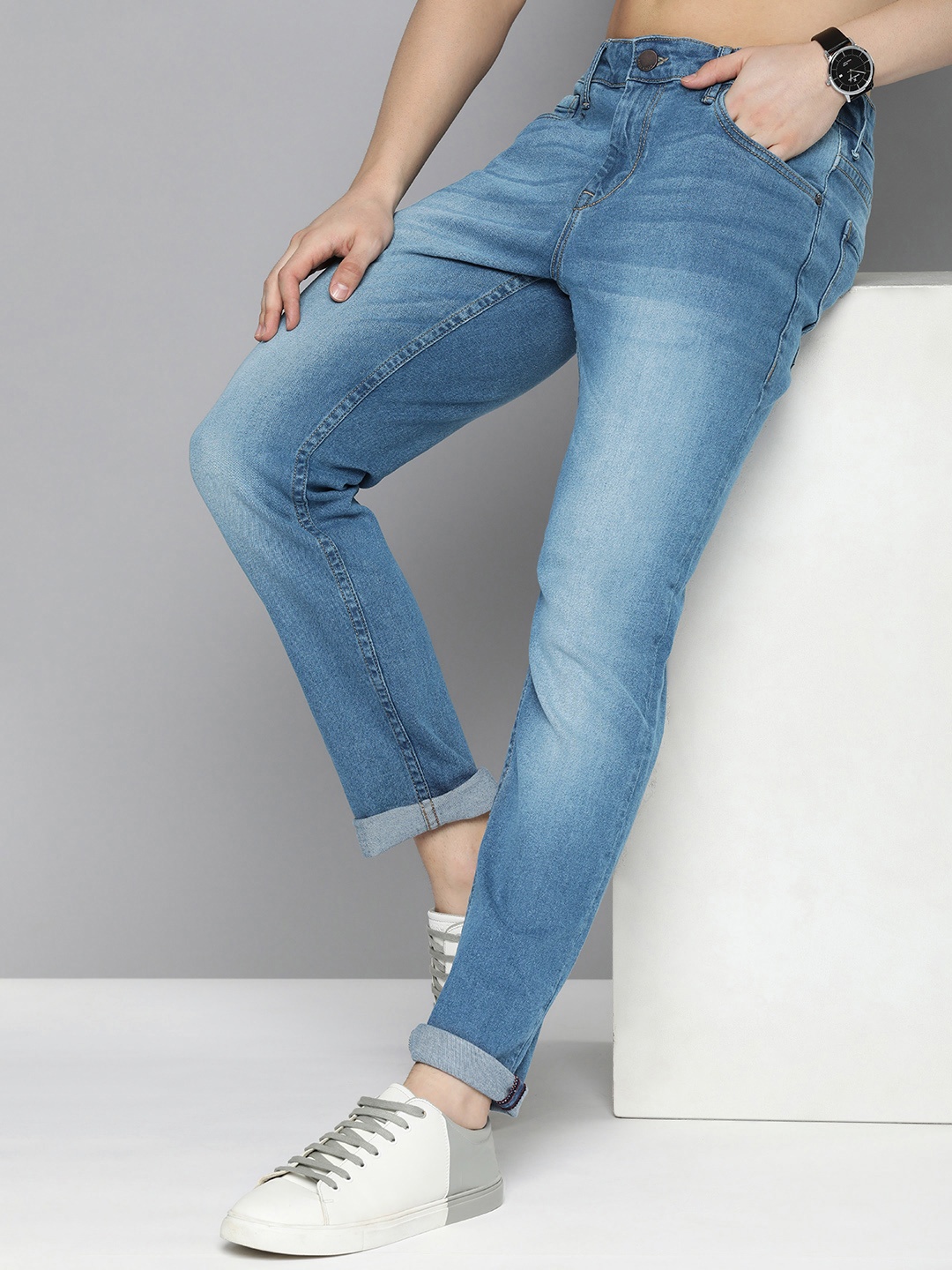 

HERE&NOW Men Slim Fit Heavy Fade Stretchable Jeans, Blue