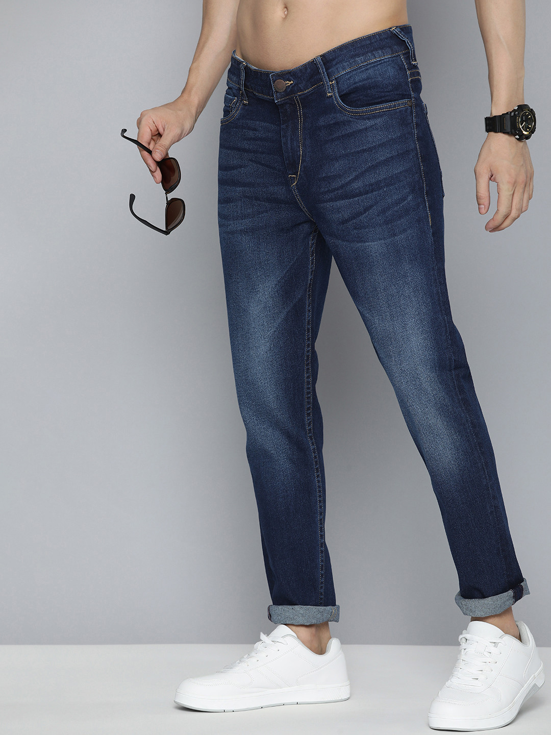 

HERE&NOW Men Mid Rise Tapered Fit Light Fade Stretchable Jeans, Blue
