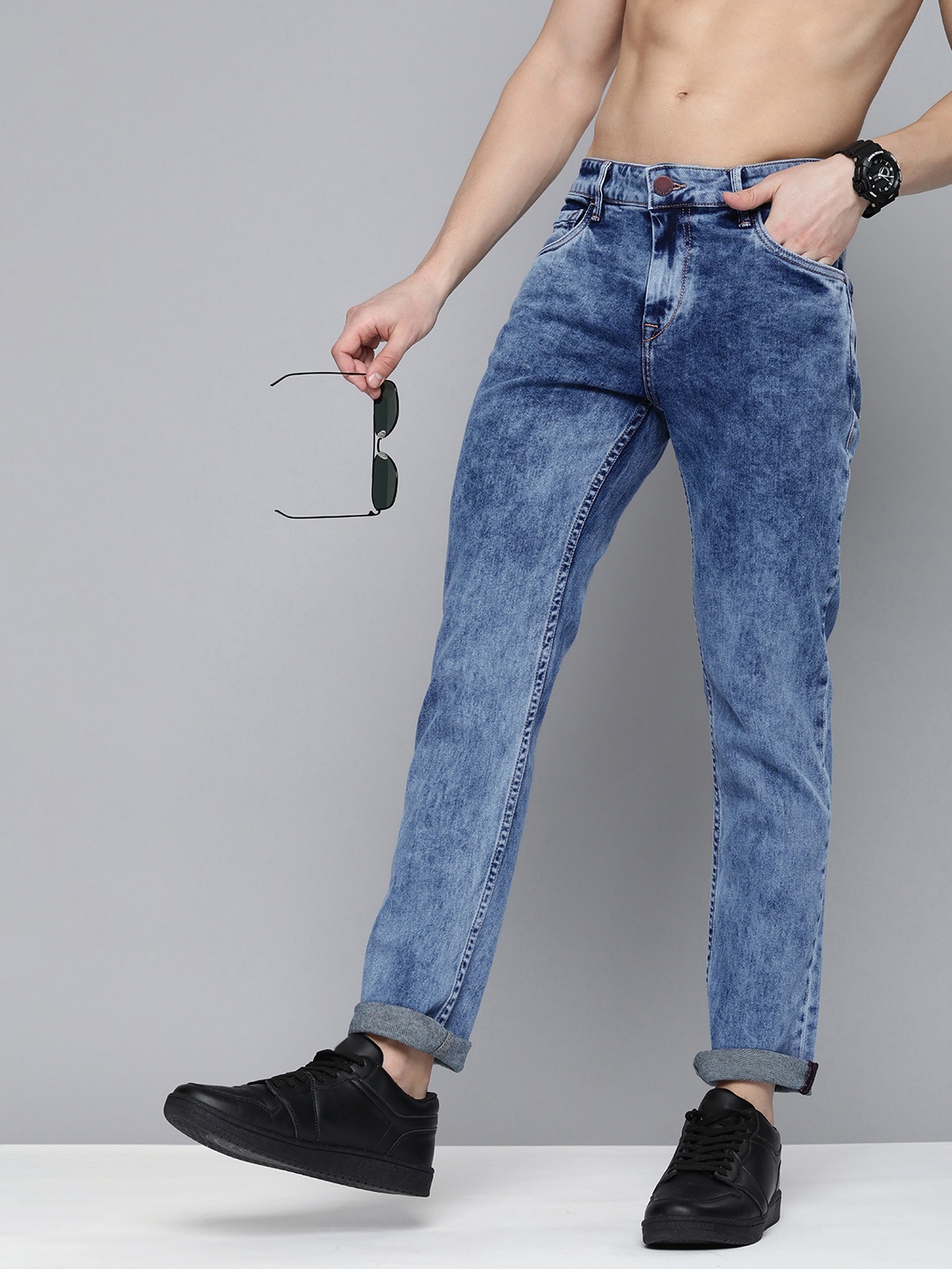 

HERE&NOW Men Mid-Rise Slim Fit Light Fade Acid Wash Stretchable Jeans, Blue