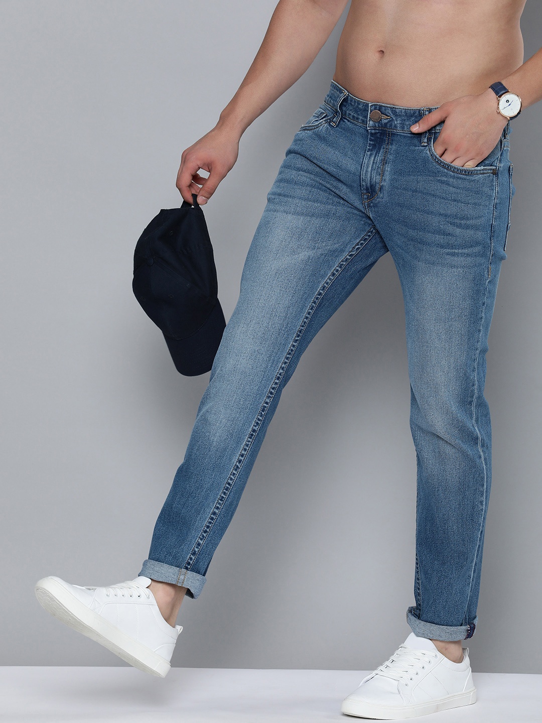 

HERE&NOW Men Slim Fit Heavy Fade Stretchable Jeans, Blue