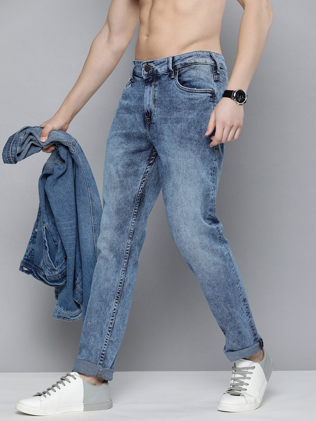 

HERE&NOW Men Mid-Rise Slim Fit Heavy Fade Stretchable Jeans, Blue