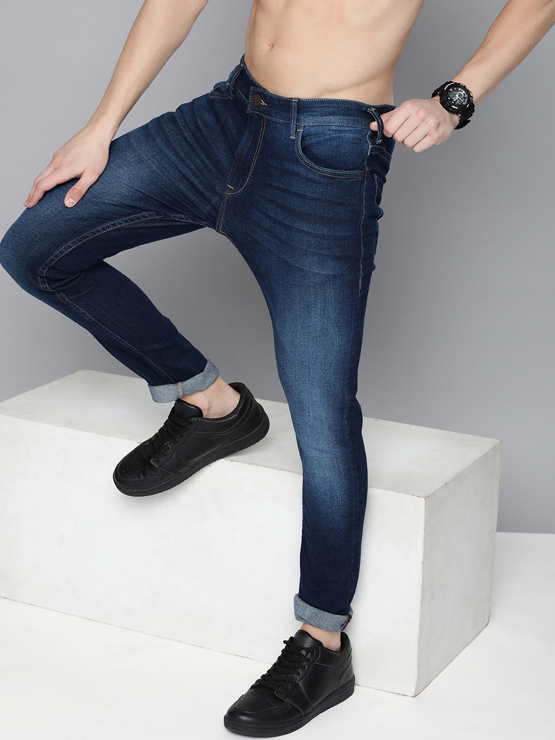 

HERE&NOW Men Mid-Rise Skinny Fit Heavy Fade Stretchable Jeans, Navy blue