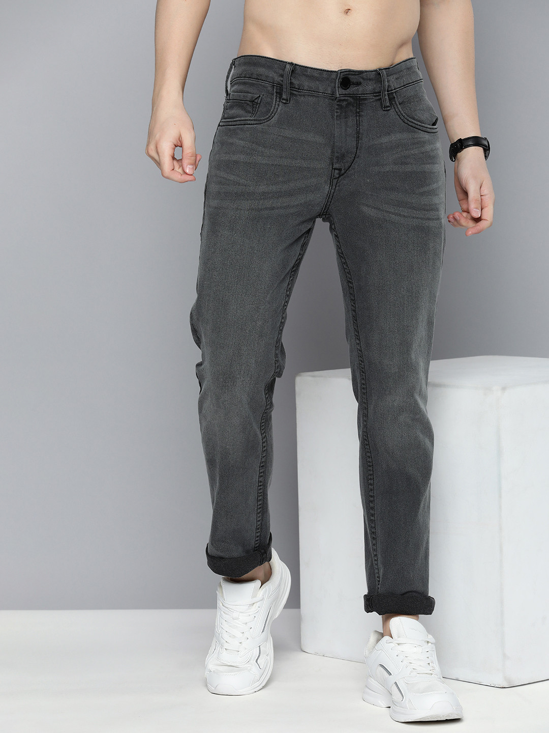 

HERE&NOW Men Slim Fit Light Fade Stretchable Jeans, Grey