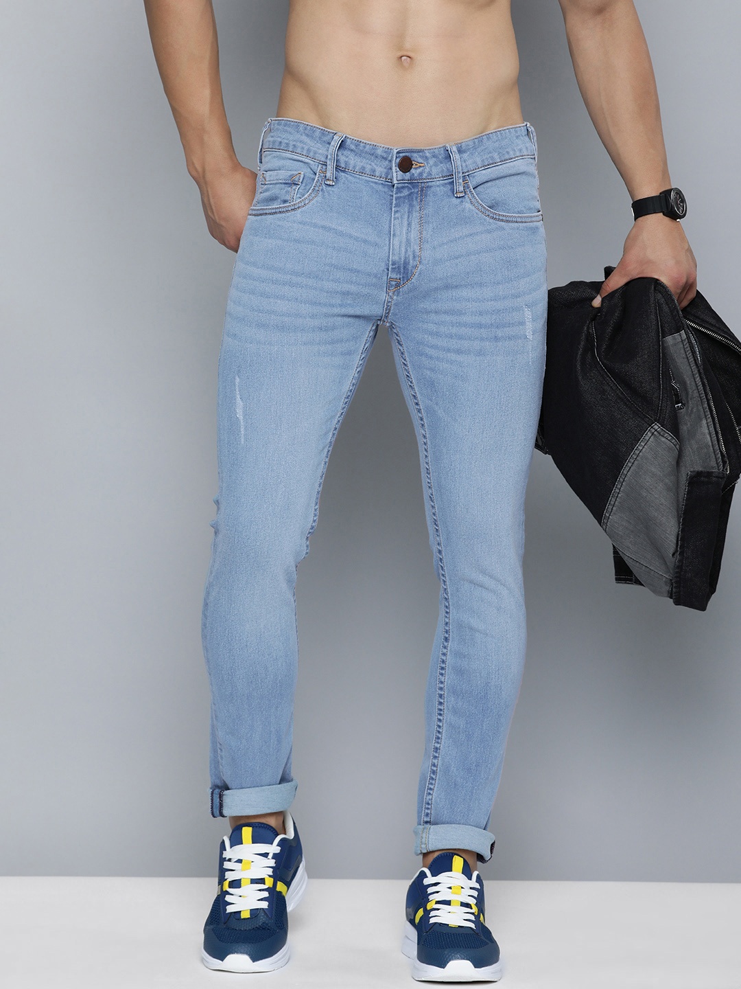 

HERE&NOW Men Skinny Fit Light Fade Stretchable Mid Rise Jeans, Blue