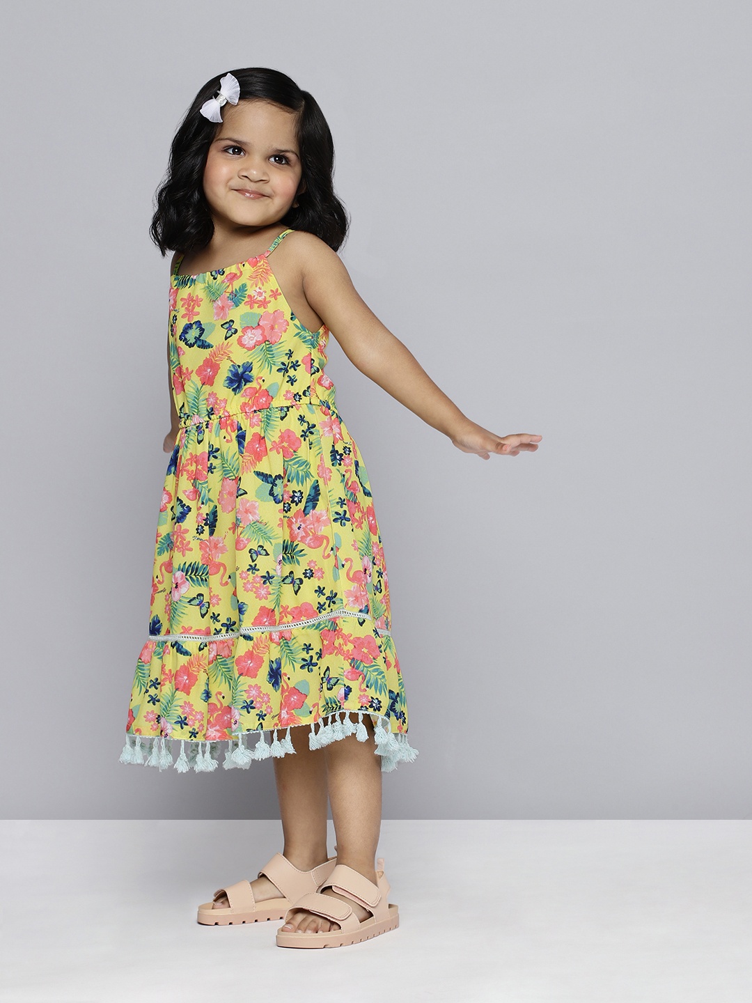 

HERE&NOW Floral Print Lace Detailed Tiered Dress, Yellow