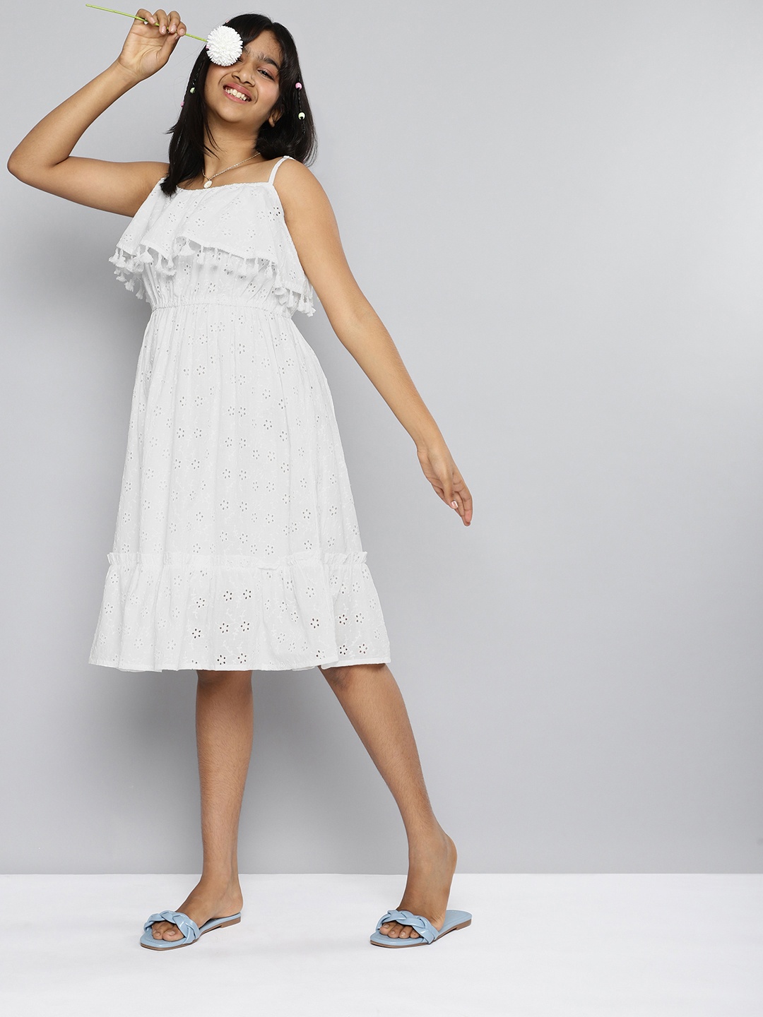

HERE&NOW Schiffli Embroidered Lace Insert Tiered Dress, White