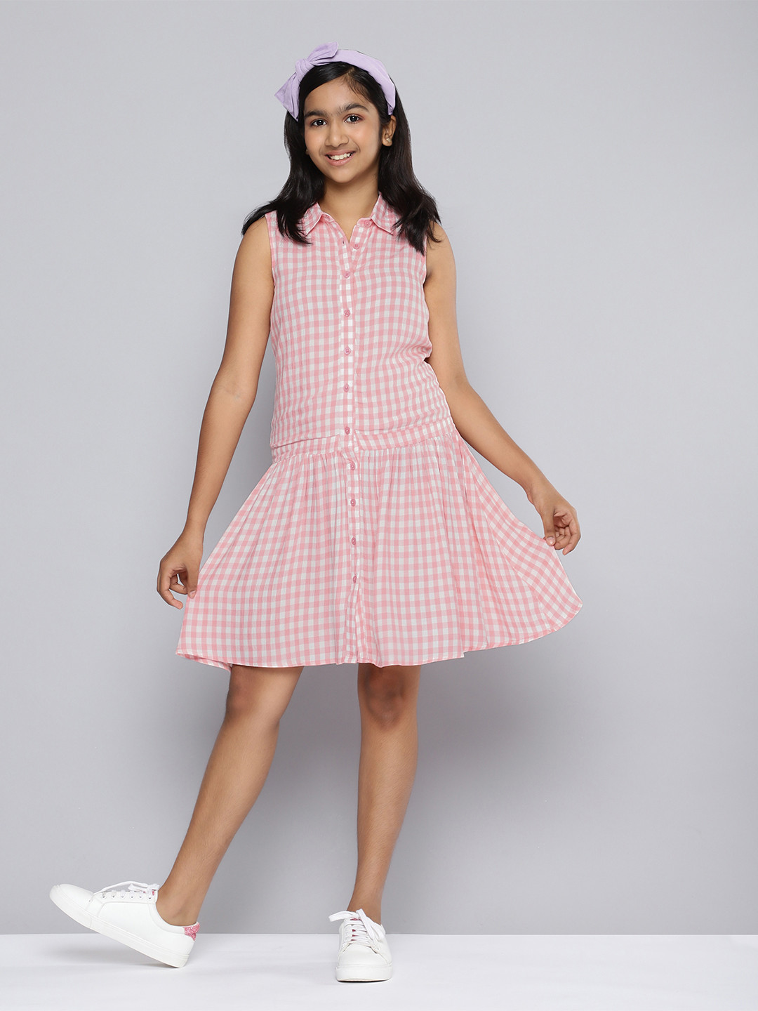 

HERE&NOW Girls Checked Gathered Detail A-Line Dress, Pink