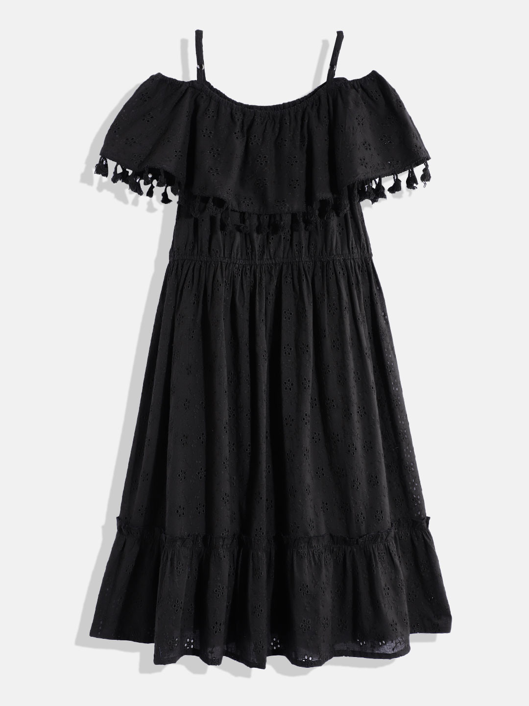

HERE&NOW Girls Pure Cotton Schiffli Fit & Flare Dress, Black