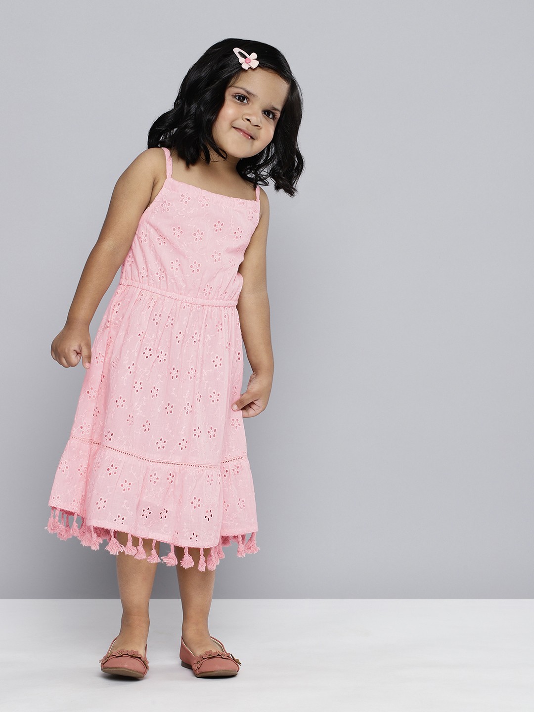 

HERE&NOW Schiffli Embroidered Lace Insert Tiered Dress, Pink