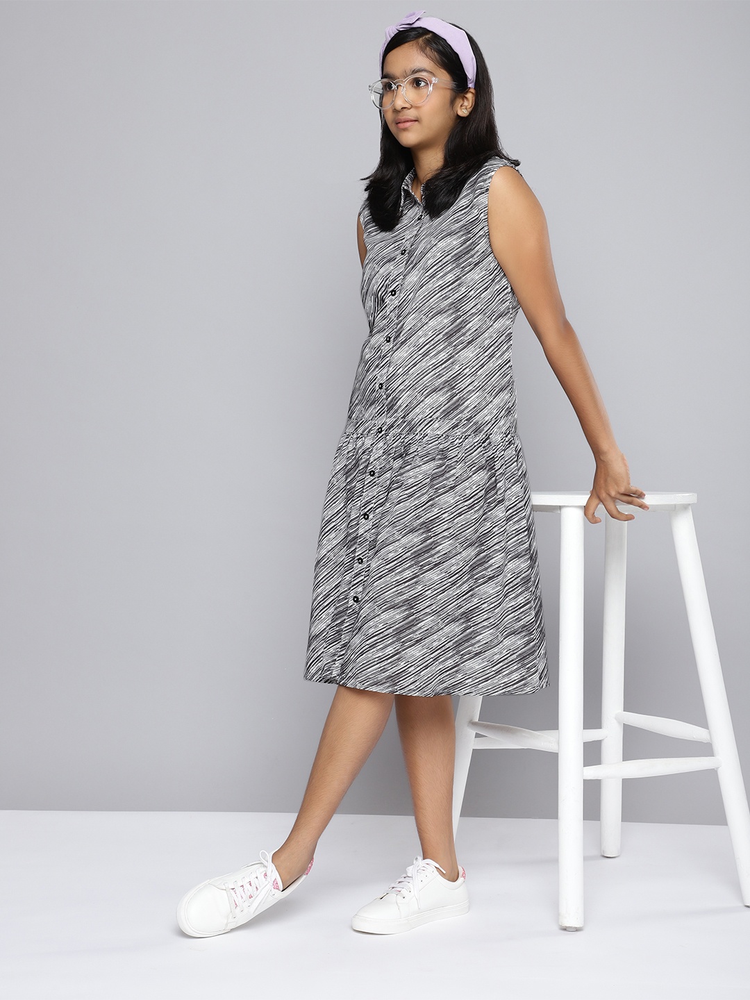 

HERE&NOW Girls Striped Gathered Detail Monochrome A-Line Dress, White