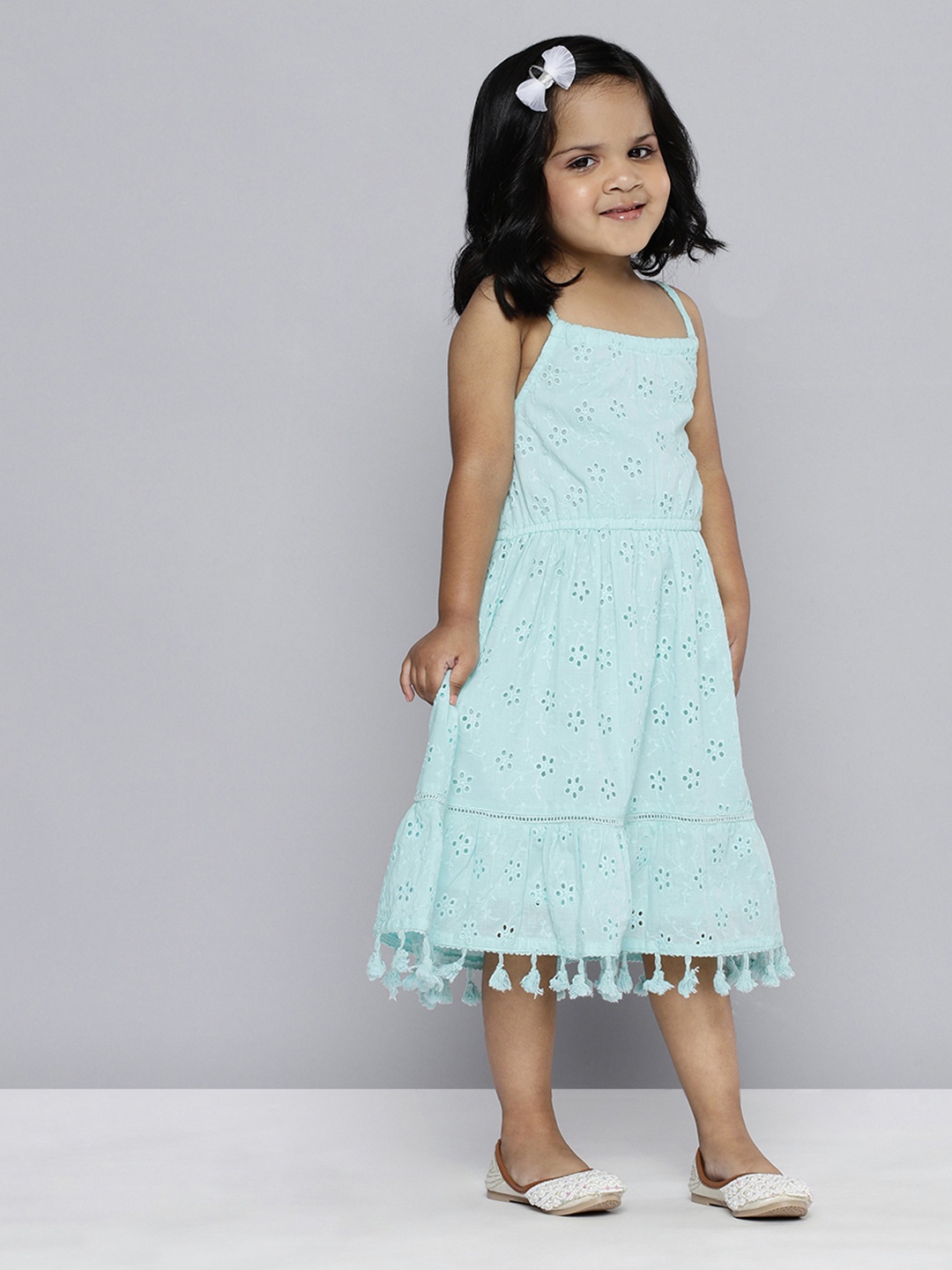 

HERE&NOW Schiffli Embroidered Lace Insert Tiered Dress, Blue