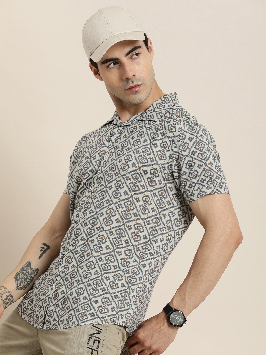 

Moda Rapido Slim Fit Ethnic Motifs Printed Casual Shirt, Beige