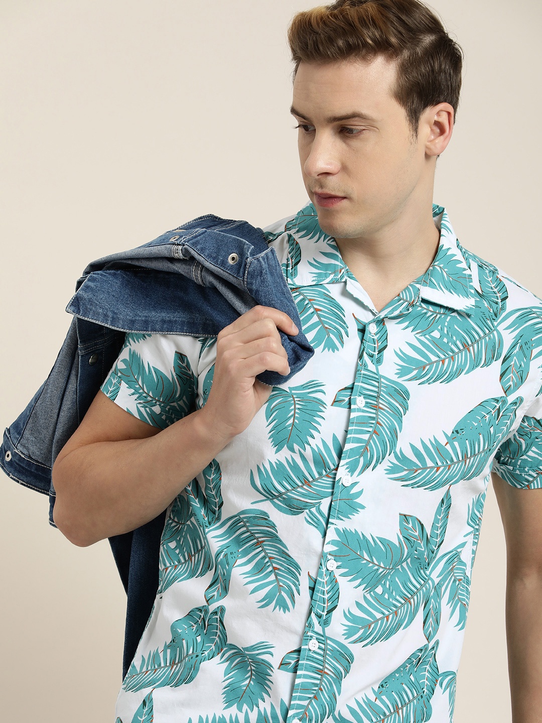 

Moda Rapido Men Pure Cotton Slim Fit Tropical Printed Casual Shirt, White