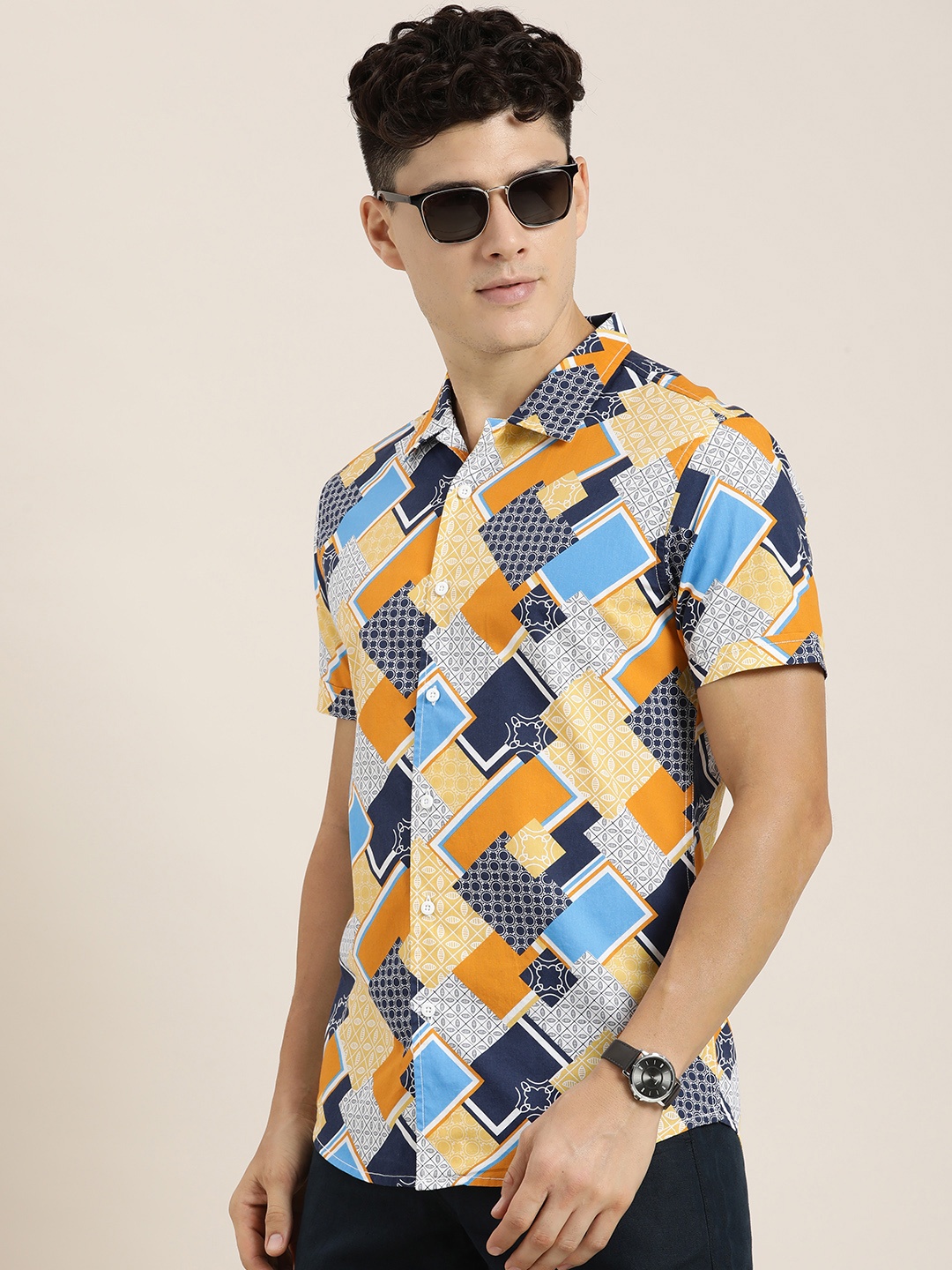 

Moda Rapido Cuban Collar Slim Fit Ethnic Motifs Geometric Printed Pure Cotton Casual Shirt, Yellow