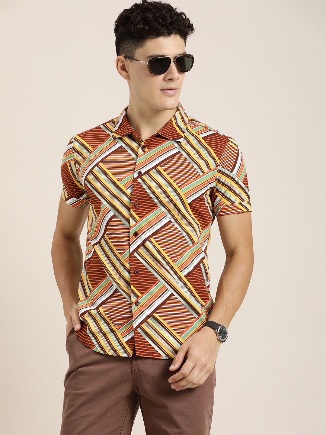 

Moda Rapido Cuban Collar Slim Fit Geometric Printed Pure Cotton Casual Shirt, Brown