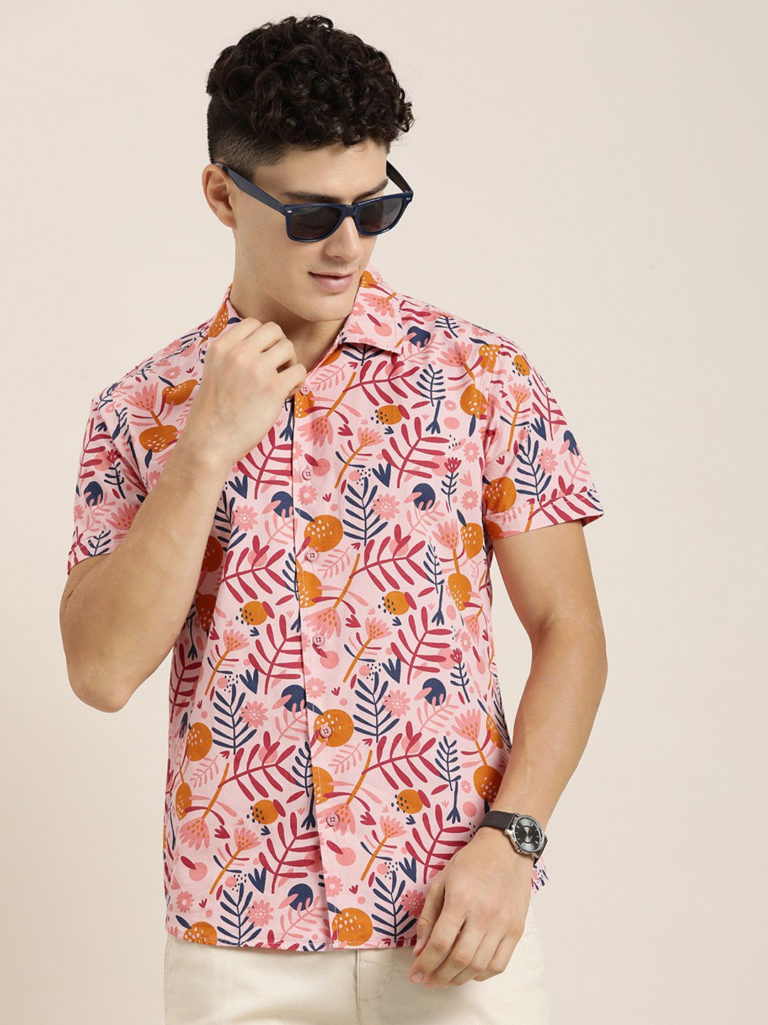 

Moda Rapido Cuban Collar Slim Fit Floral Printed Pure Cotton Casual Shirt, Pink
