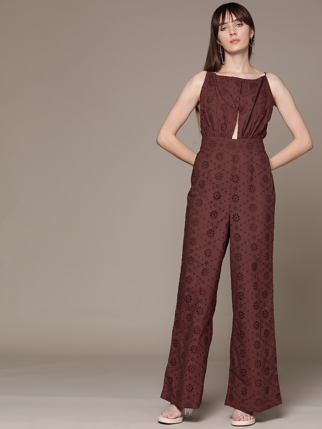 

bebe Pure Cotton Schiffli Cut-Out Detail Basic Jumpsuit, Brown