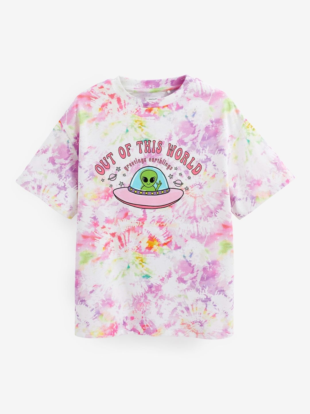 

NEXT Girls Tie and Dye Printed Drop-Shoulder Sleeves Pure Cotton T-shirt, White