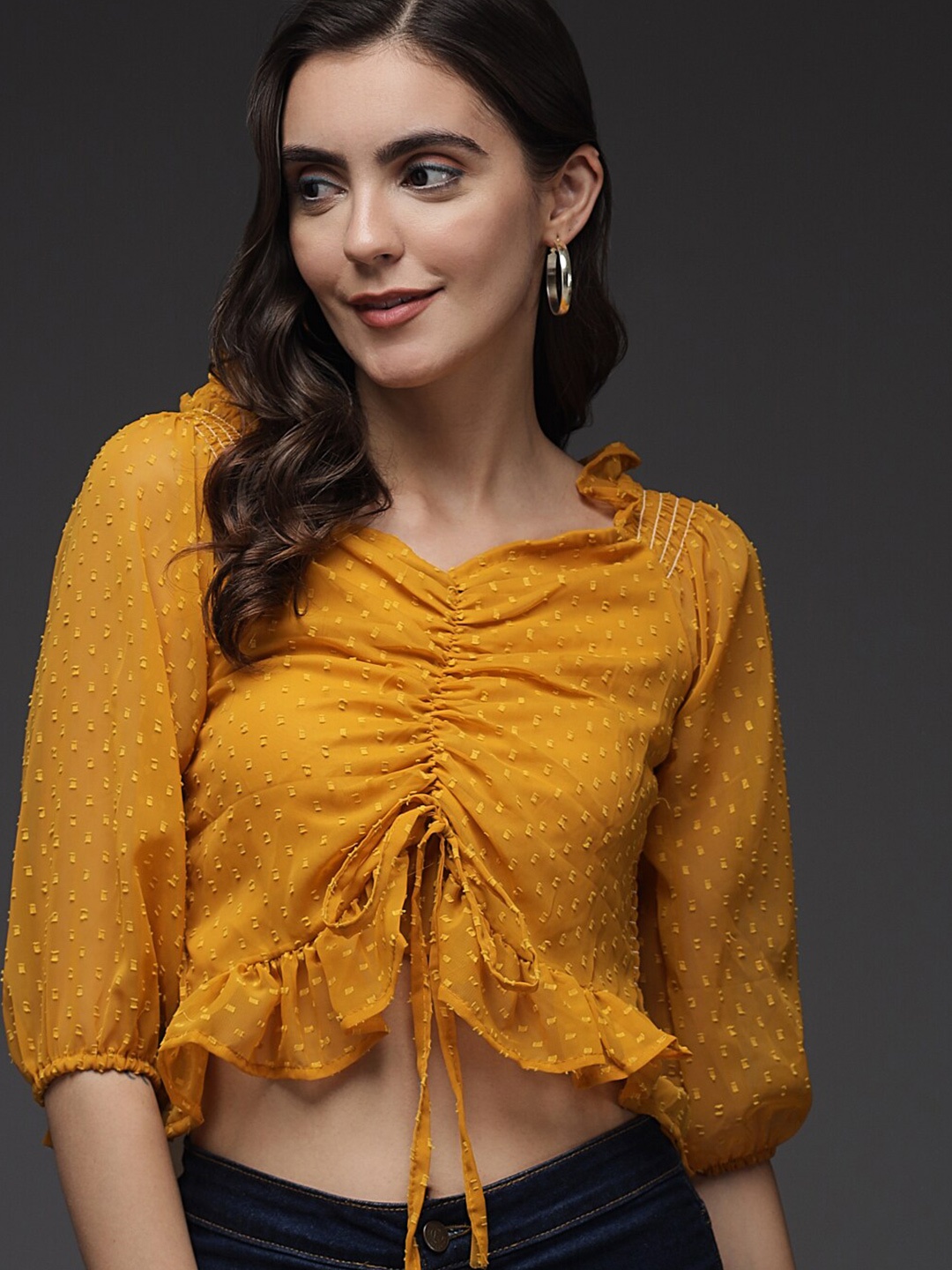 

Darzi Self Design Ruched Crop Top, Mustard