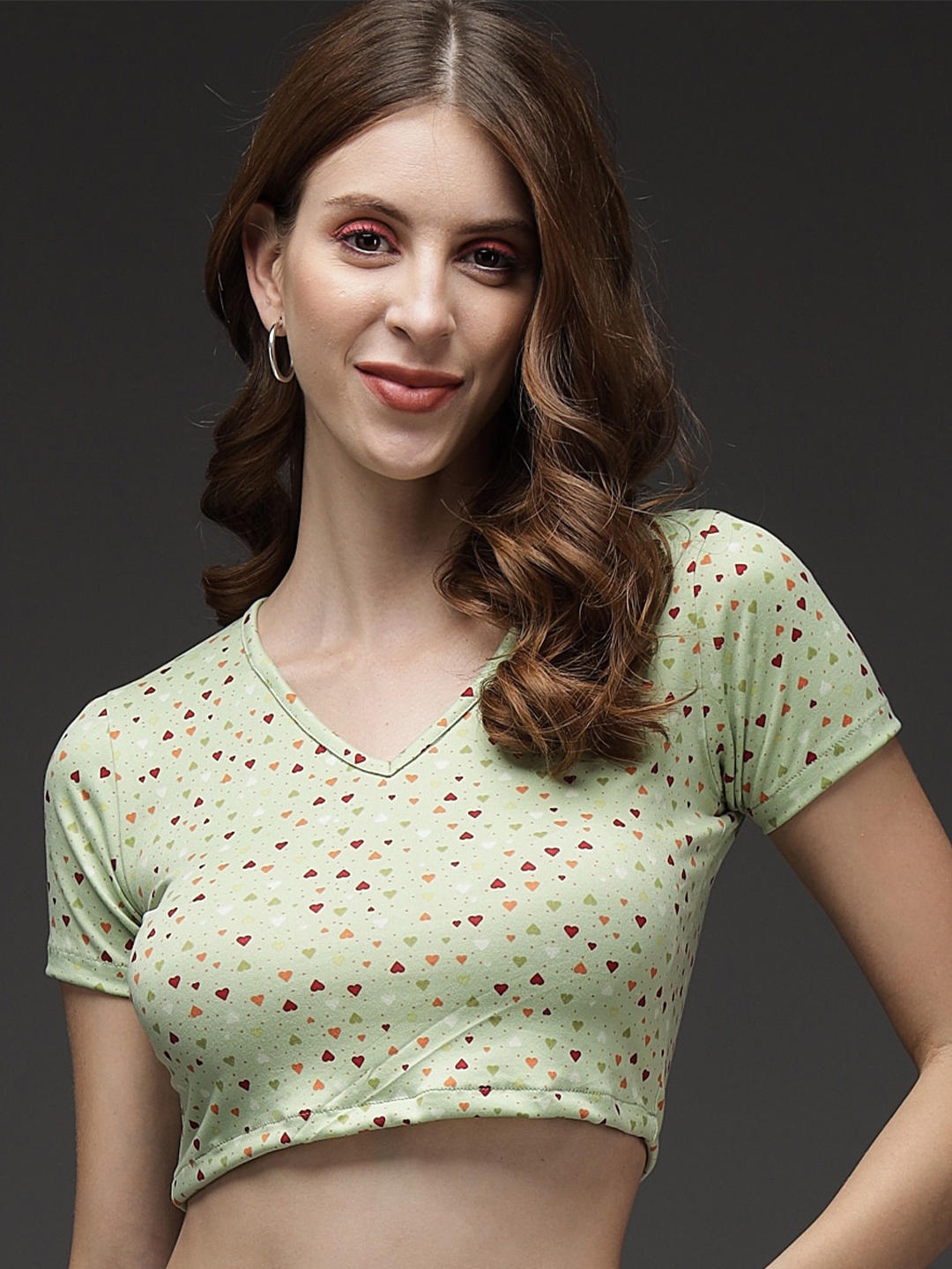 

Darzi Conversational Printed V-Neck Crop Top, Green