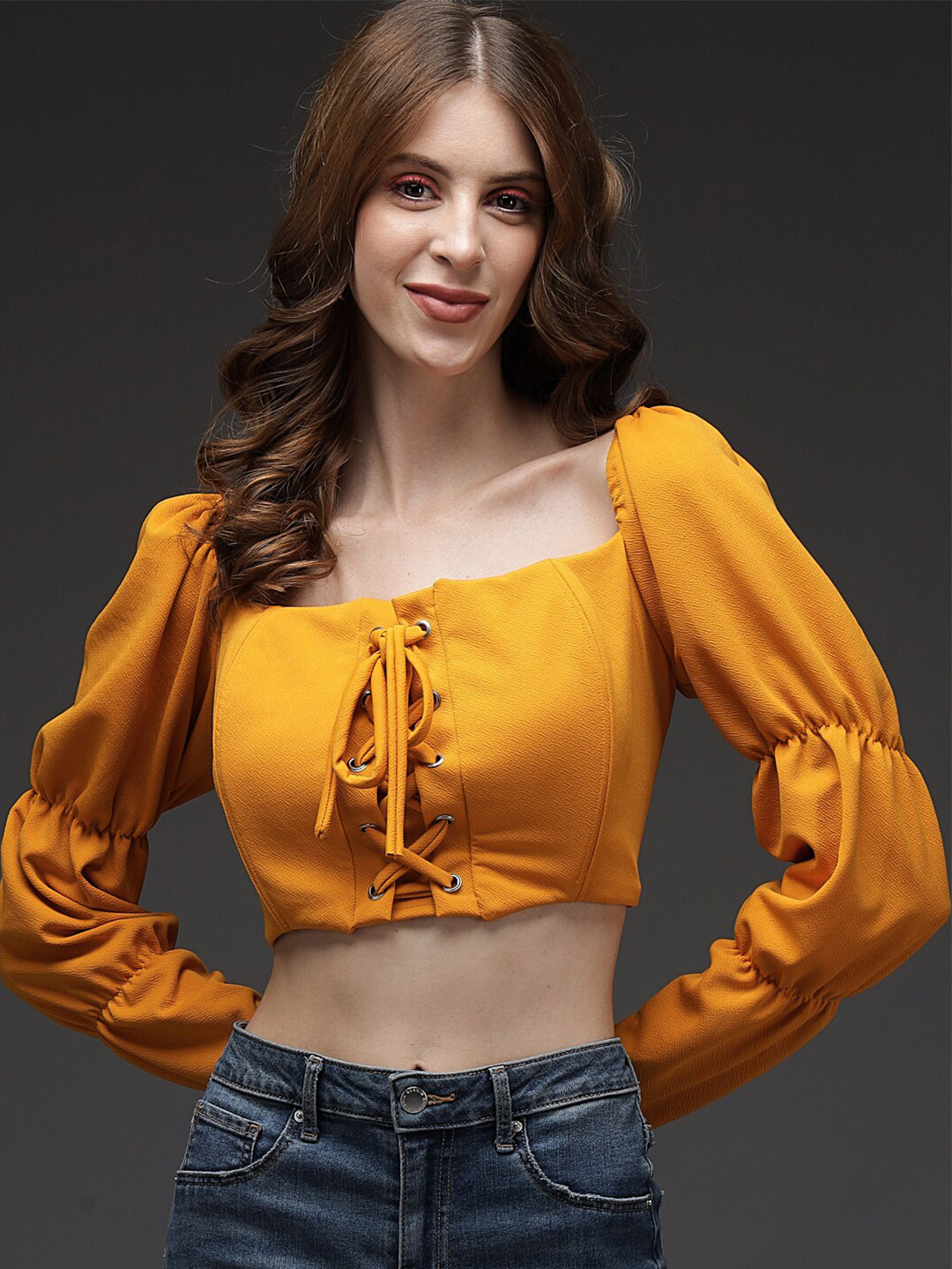 

Darzi Square Neck Puff Sleeves Tie-Ups Crop Top, Yellow