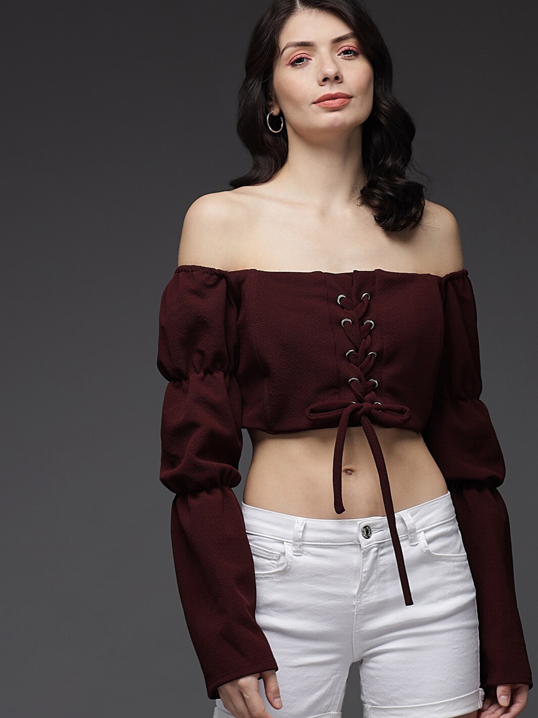 

Darzi Off-Shoulder Bardot Crop Top, Maroon
