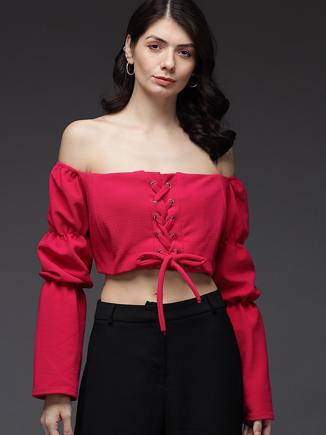 

Darzi Off-Shoulder Tie-Up Detail Bardot Crop Top, Fuchsia