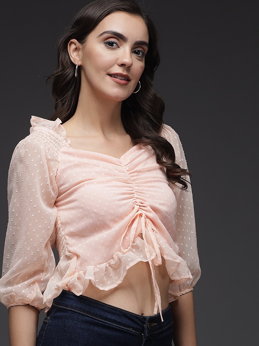 

Darzi V-Neck Self Design Ruffles Crop Top, Peach
