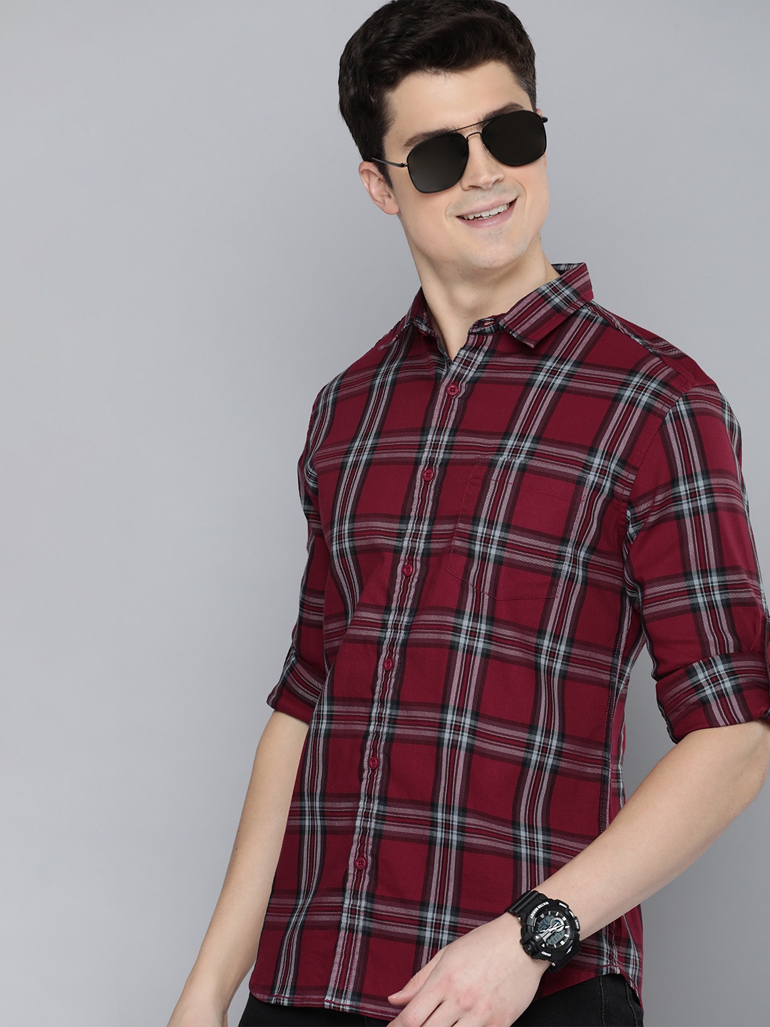 

HERE&NOW Men Slim Fit Tartan Checks Opaque Casual Shirt With Chest Pocket, Red