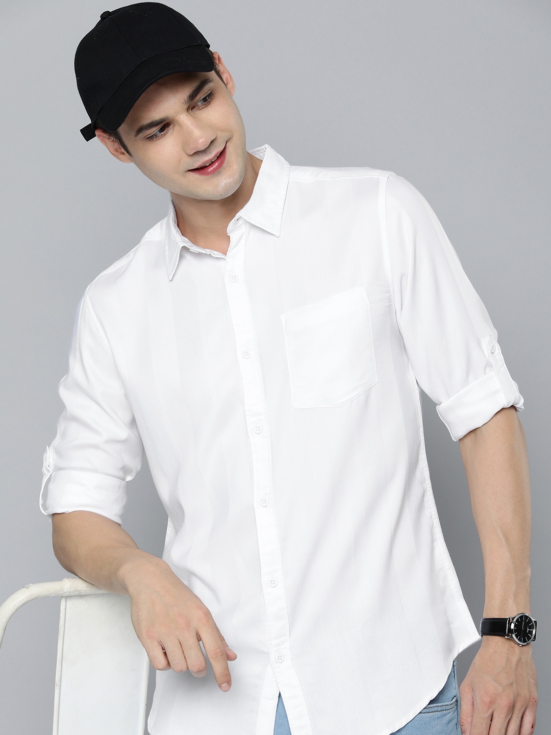 

HERE&NOW Men Slim Fit Striped Casual Shirt, White