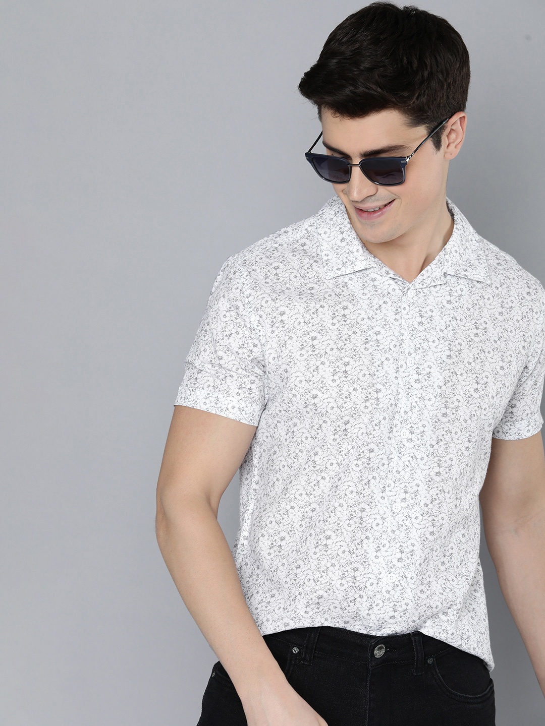 

HERE&NOW Floral Printed Slim Fit Pure Cotton Casual Shirt, White