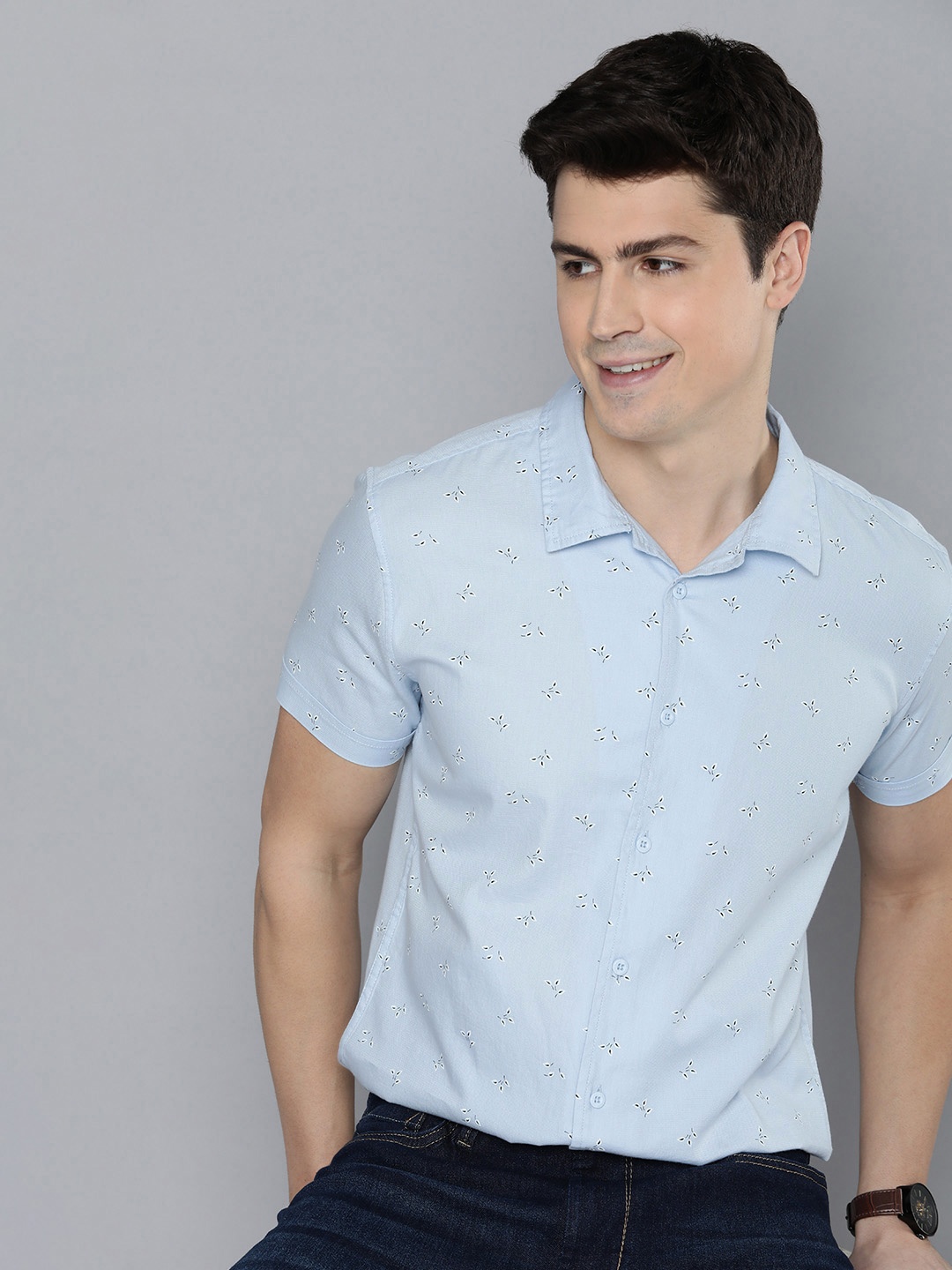 

HERE&NOW Floral Printed Slim Fit Pure Cotton Casual Shirt, Blue