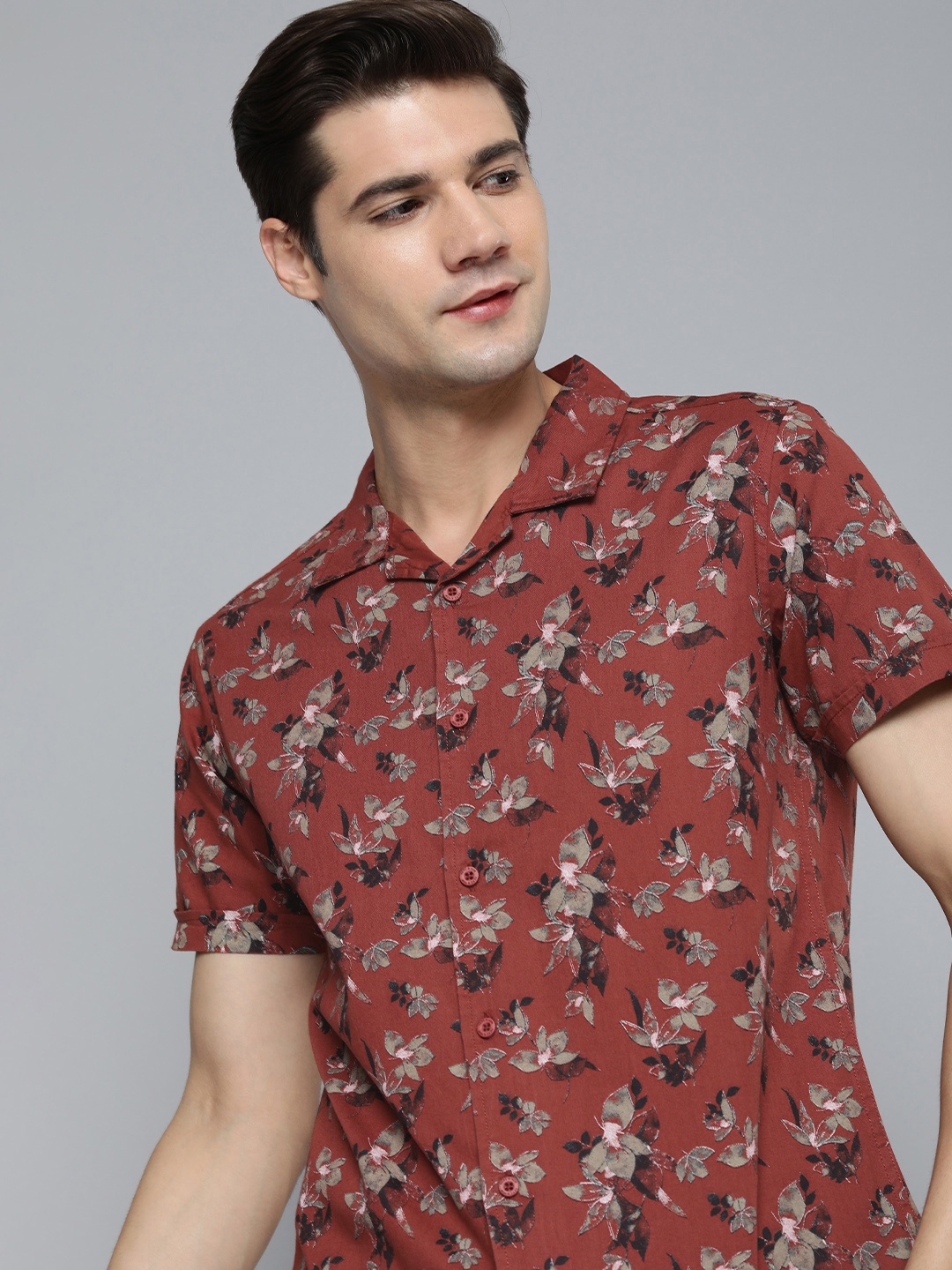 

HERE&NOW Floral Printed Slim Fit Pure Cotton Casual Shirt, Brown