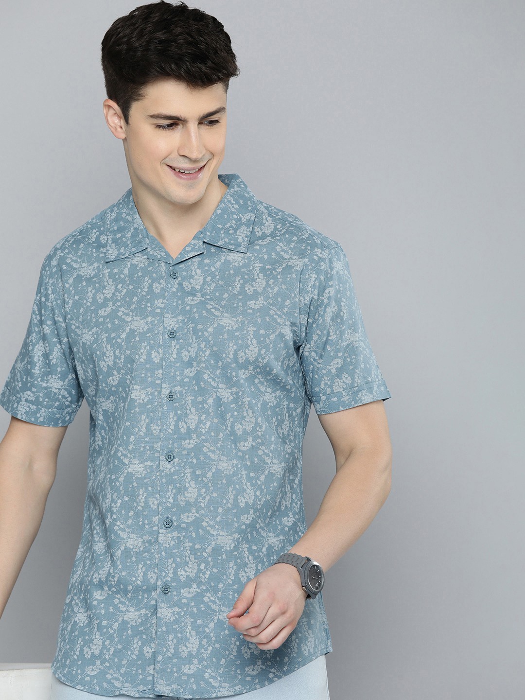 

HERE&NOW Men Pure Cotton Slim Fit Opaque Printed Casual Shirt, Blue