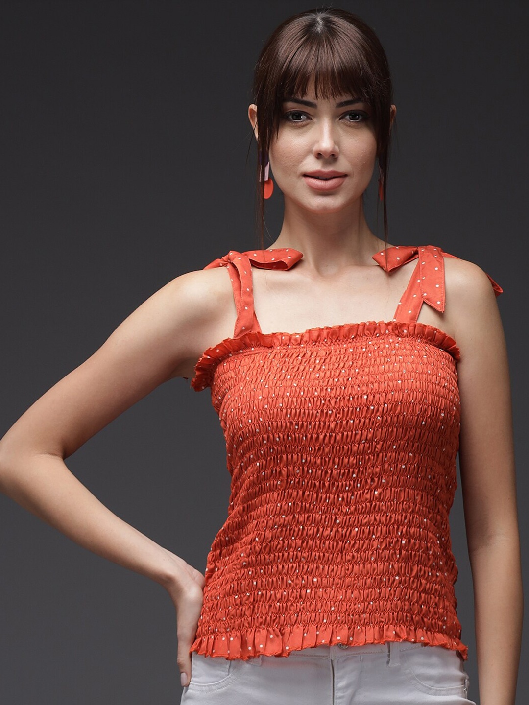 

Darzi Smocked Shoulder Straps Top, Orange