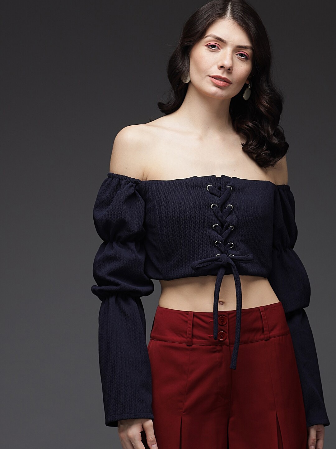 

Darzi Navy Off-Shoulder Bardot Crop Top, Navy blue