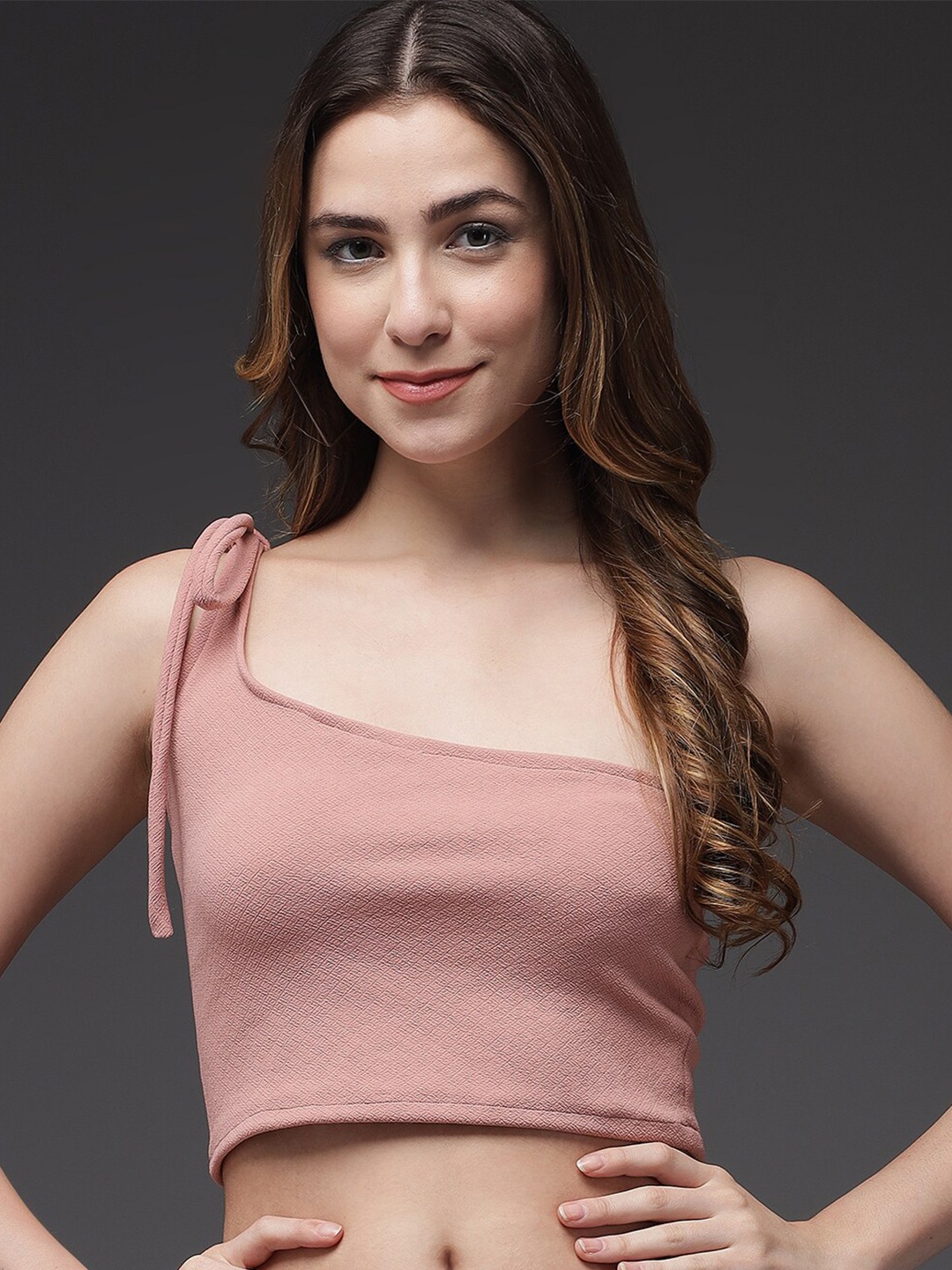 

Darzi One Shoulder Tie-Ups Crop Top, Pink
