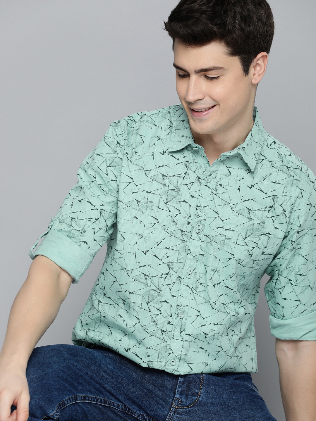 

HERE&NOW Men Pure Cotton Slim Fit Abstract Printed Casual Shirt, Green