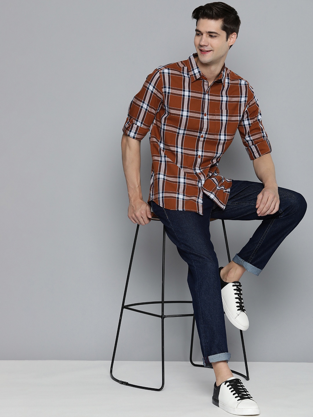 

HERE&NOW Men Pure Cotton Slim Fit Tartan Checks Casual Shirt, Rust