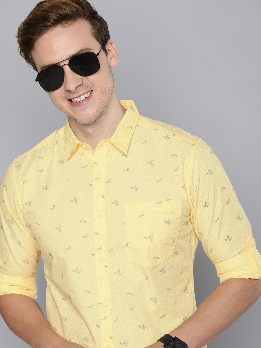 

HERE&NOW Slim Fit Floral Printed Pure Cotton Casual Shirt, Yellow