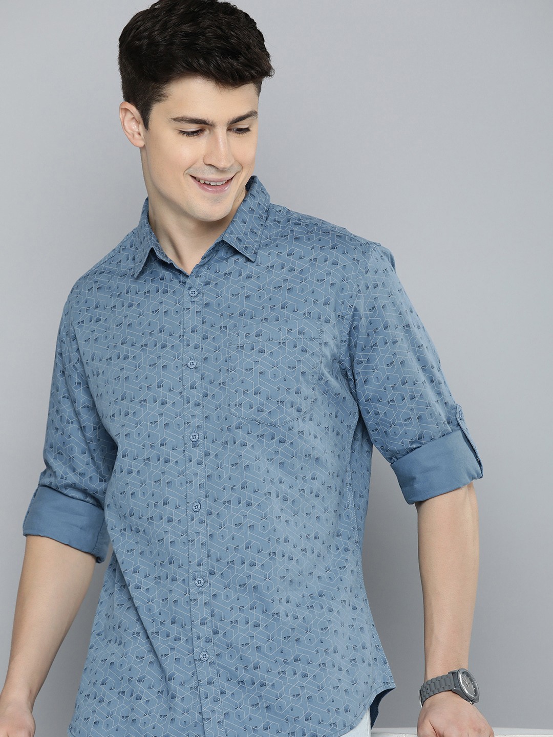 

HERE&NOW Men Pure Cotton Slim Fit Opaque Printed Casual Shirt, Blue