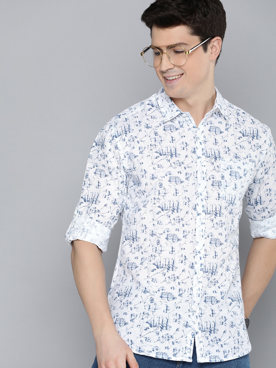 

HERE&NOW Floral Printed Slim Fit Pure Cotton Casual Shirt, White
