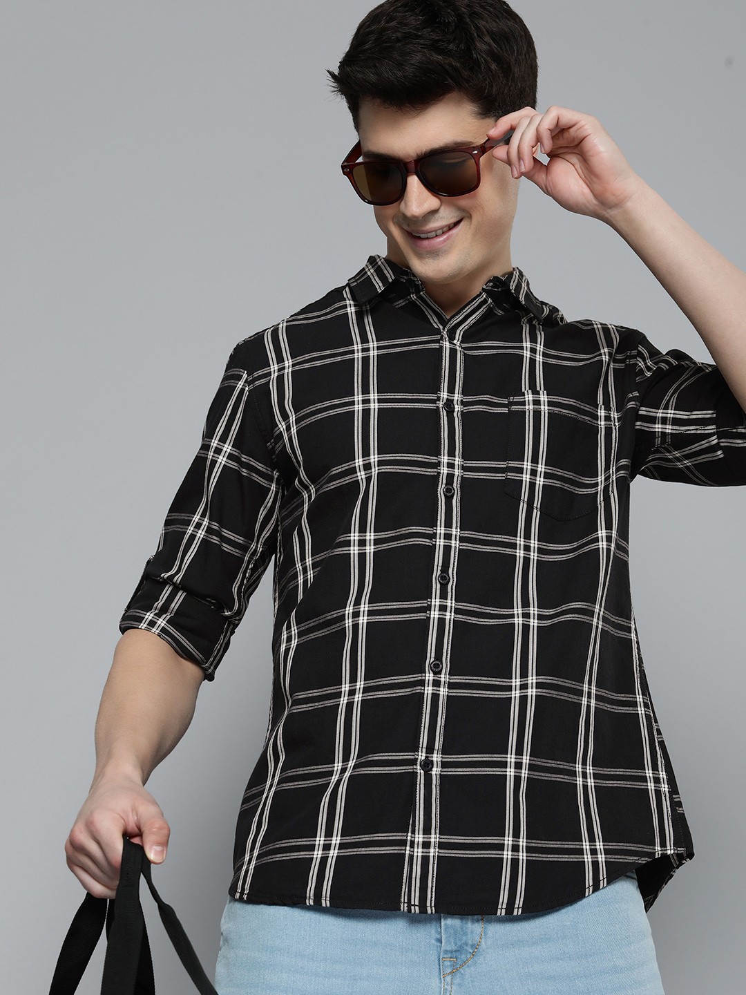 

HERE&NOW Men Pure Cotton Slim Fit Tartan Checks Casual Shirt, Black