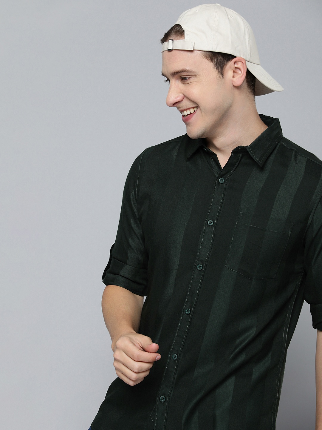 

HERE&NOW Men Slim Fit Striped Spread Collar Casual Shirt, Olive