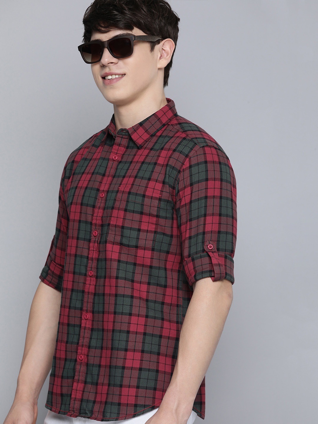 

HERE&NOW Slim Fit Checked Pure Cotton Casual Shirt, Red