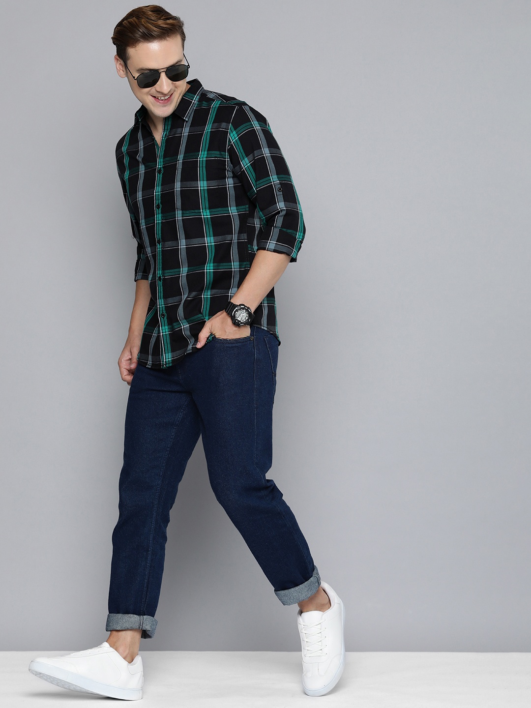 

HERE&NOW Slim Fit Checked Casual Shirt, Black