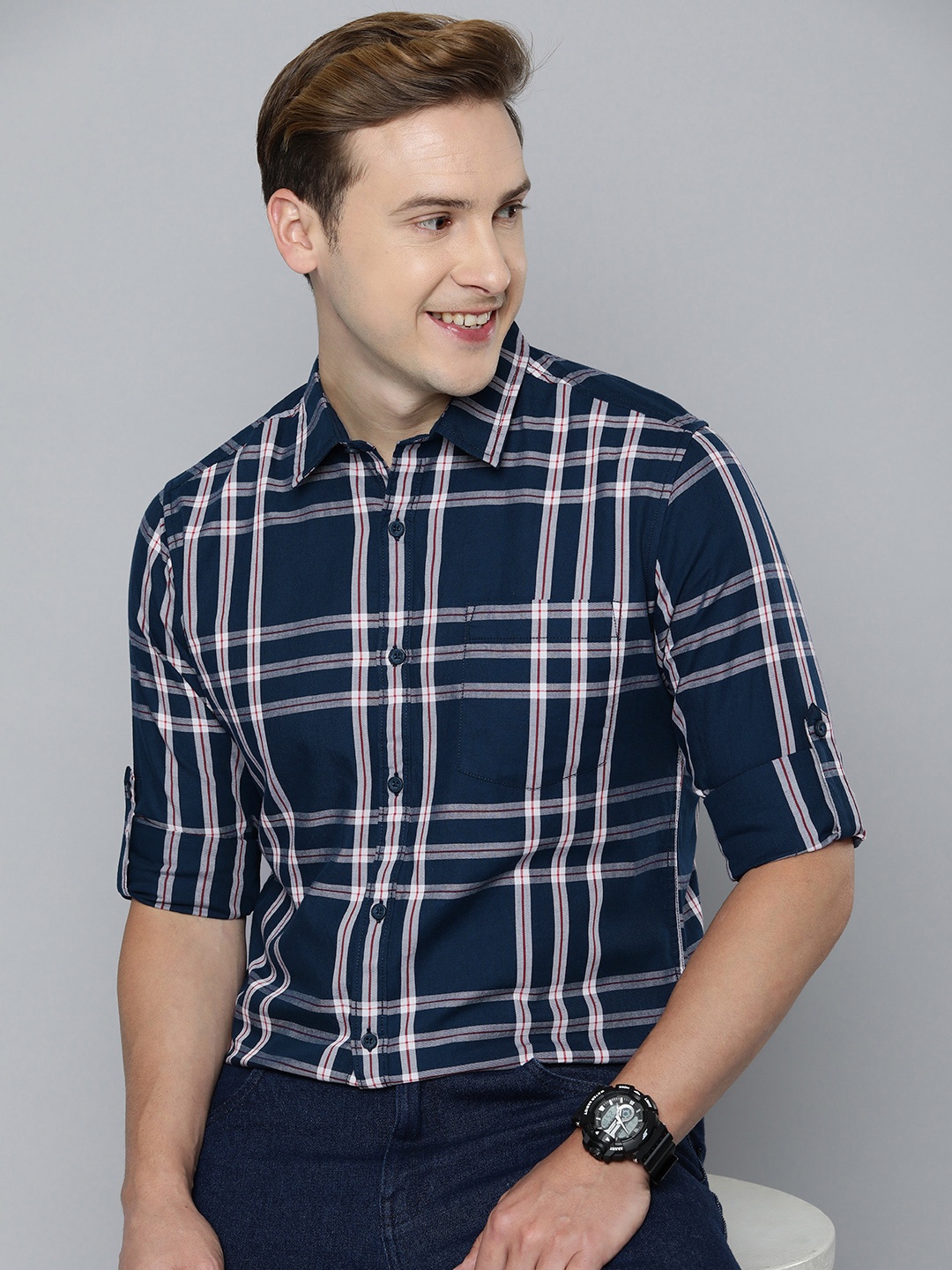 

HERE&NOW Men Pure Cotton Slim Fit Checked Casual Shirt, Navy blue