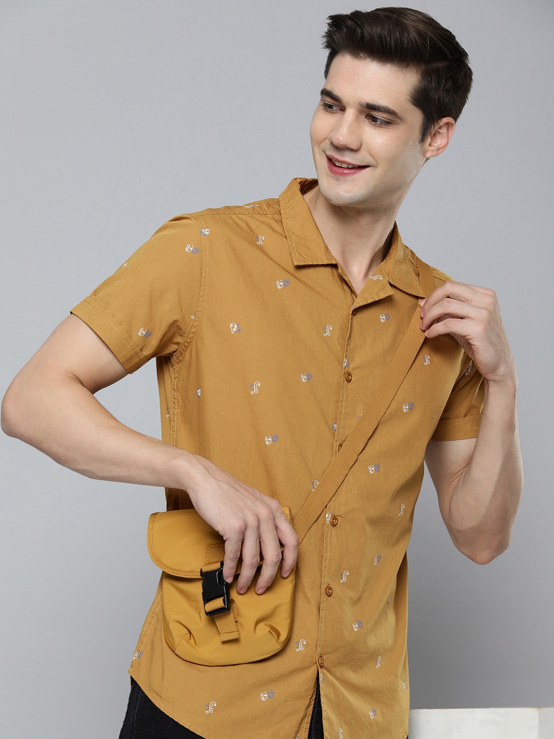 

HERE&NOW Men Slim Fit Conversational Printed Cuban Collar Casual Shirt, Mustard